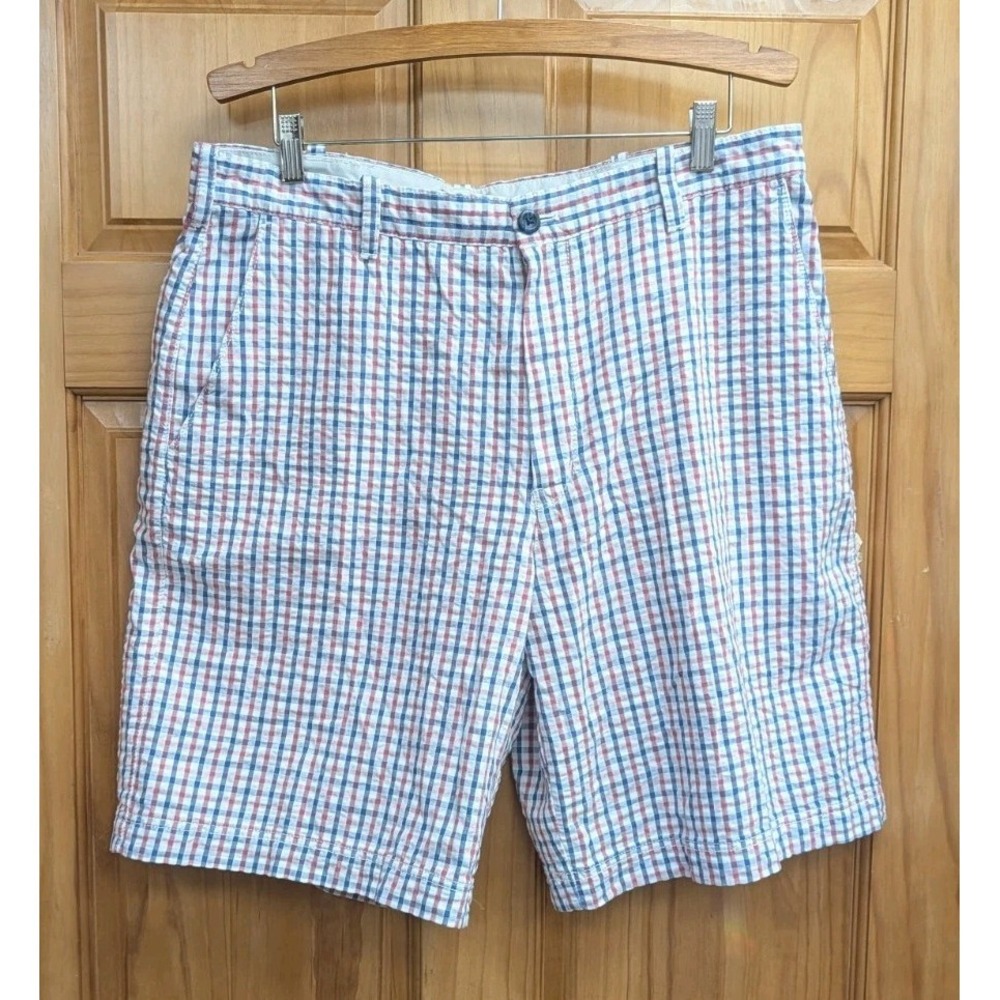 IZOD Men's Shorts 36 Plaid New W/O Tags Seer Sucker Fabric Tag on Leg Hem